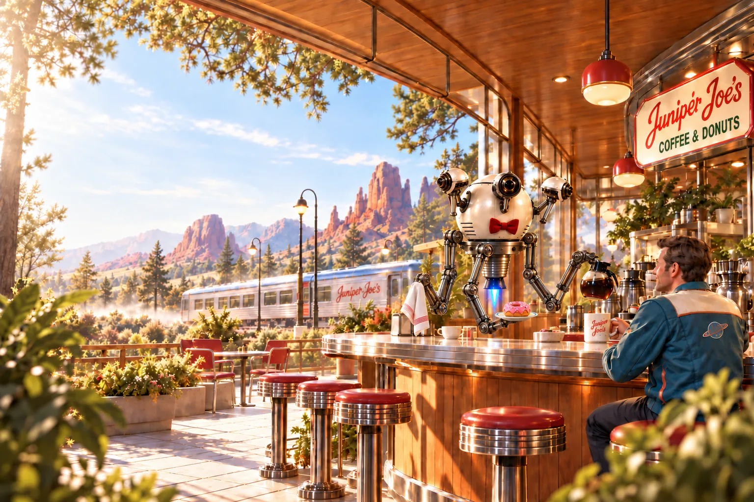 Sunlight fills Juniper Joe’s, where a floating coffee robot serves a customer beside a desert railway.