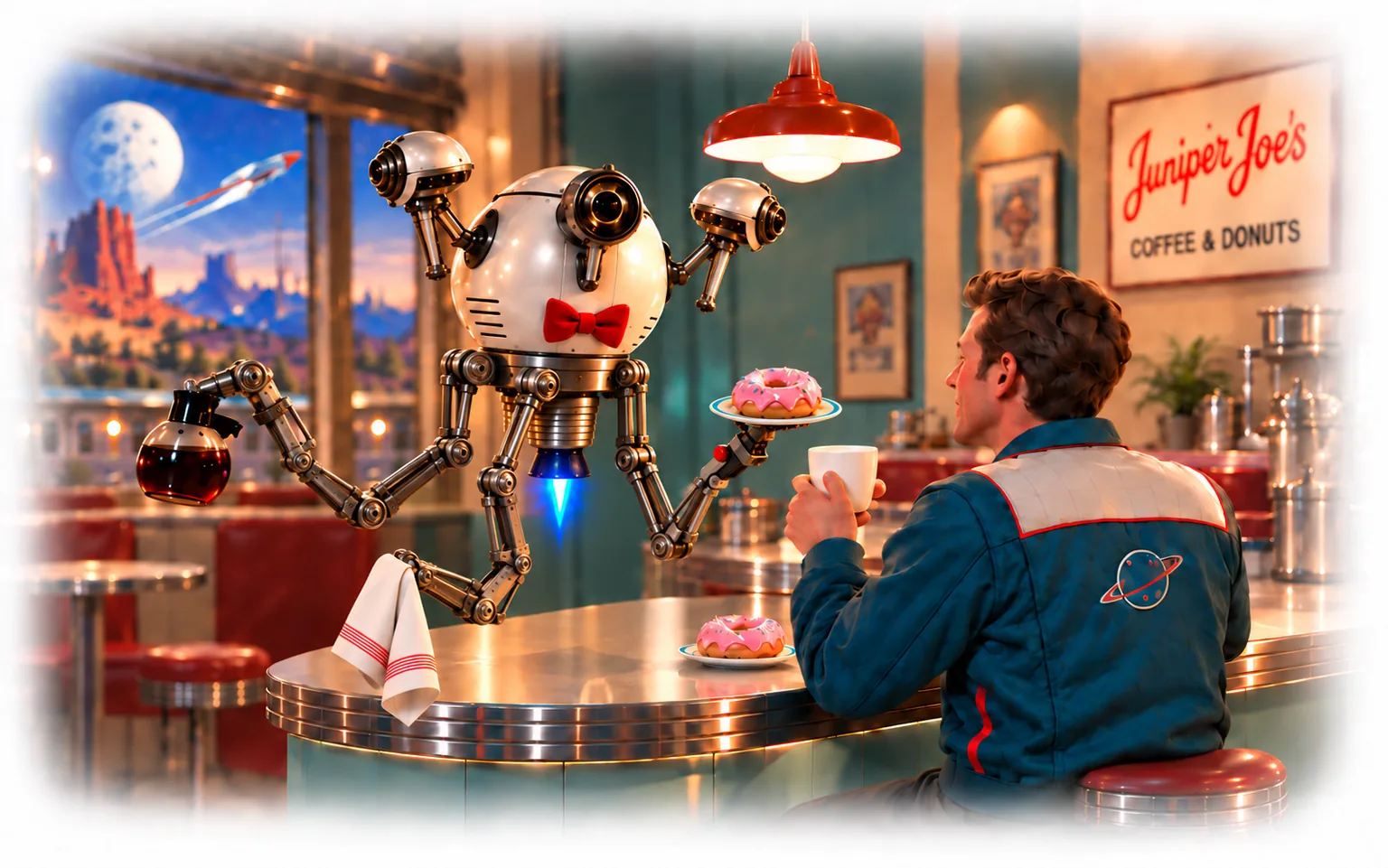 At Juniper Joe’s, a floating coffee robot offers a doughnut to a customer holding a mug.