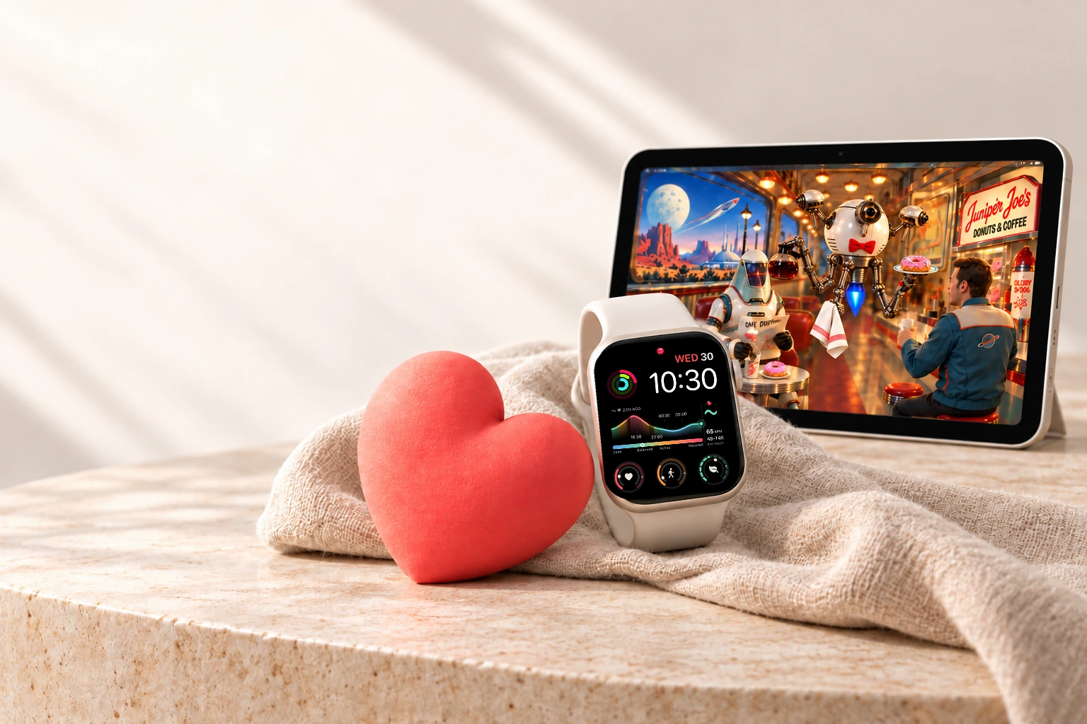 A coral heart and starlight Apple Watch on soft linen, with a small iPad showing a lively café.