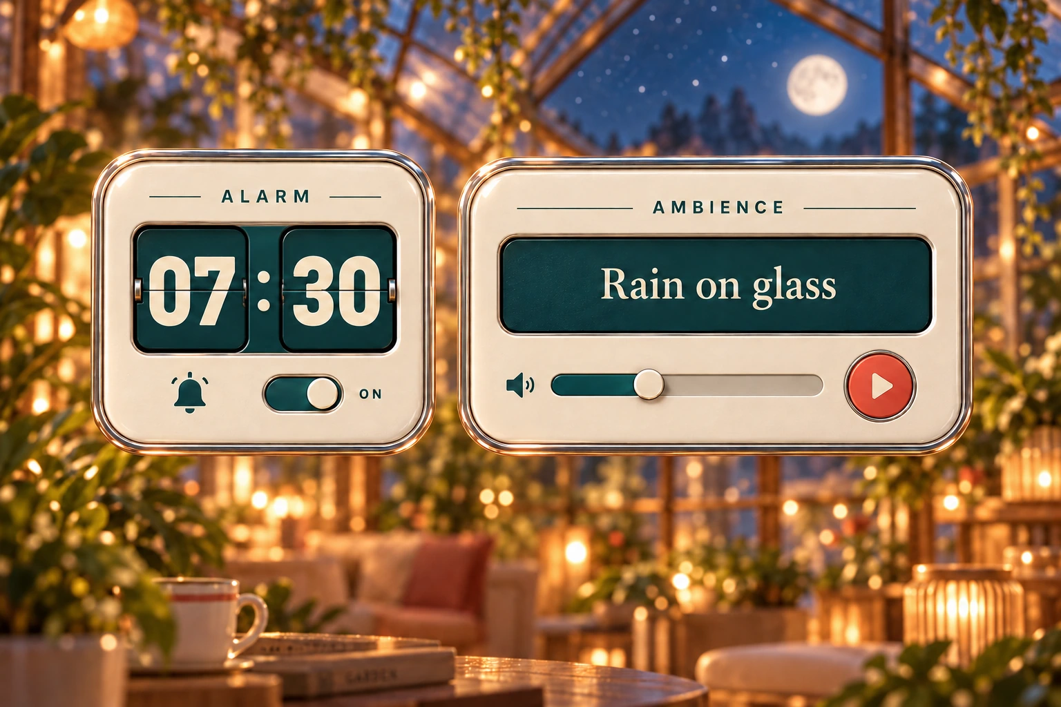 Alarm and ambience widget concepts with a time toggle and volume slider.