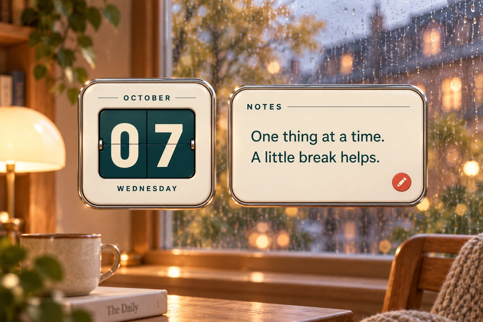 Calendar and note widget concepts in ivory, chrome and teal.