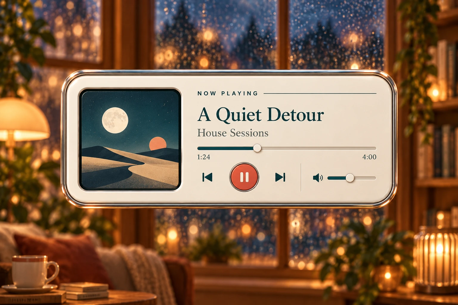 Media-player concept with fictional track A Quiet Detour by House Sessions, album art and playback controls.