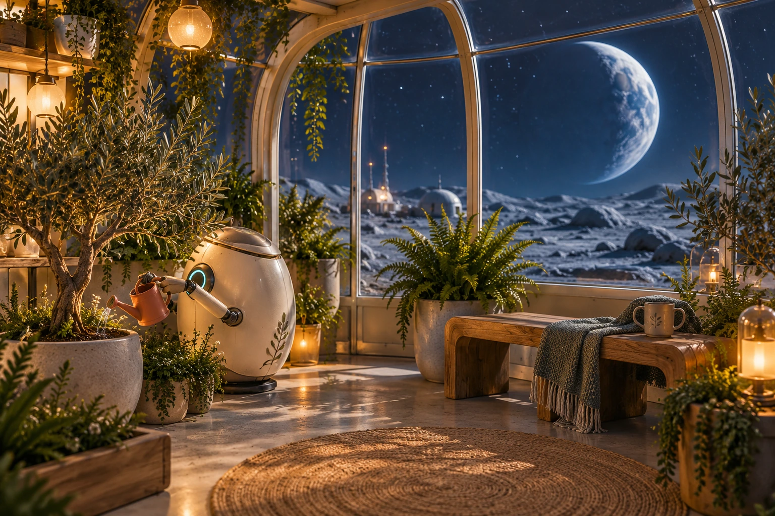 A lunar greenhouse scene concept with plants, Earth beyond the window and a small gardening robot.