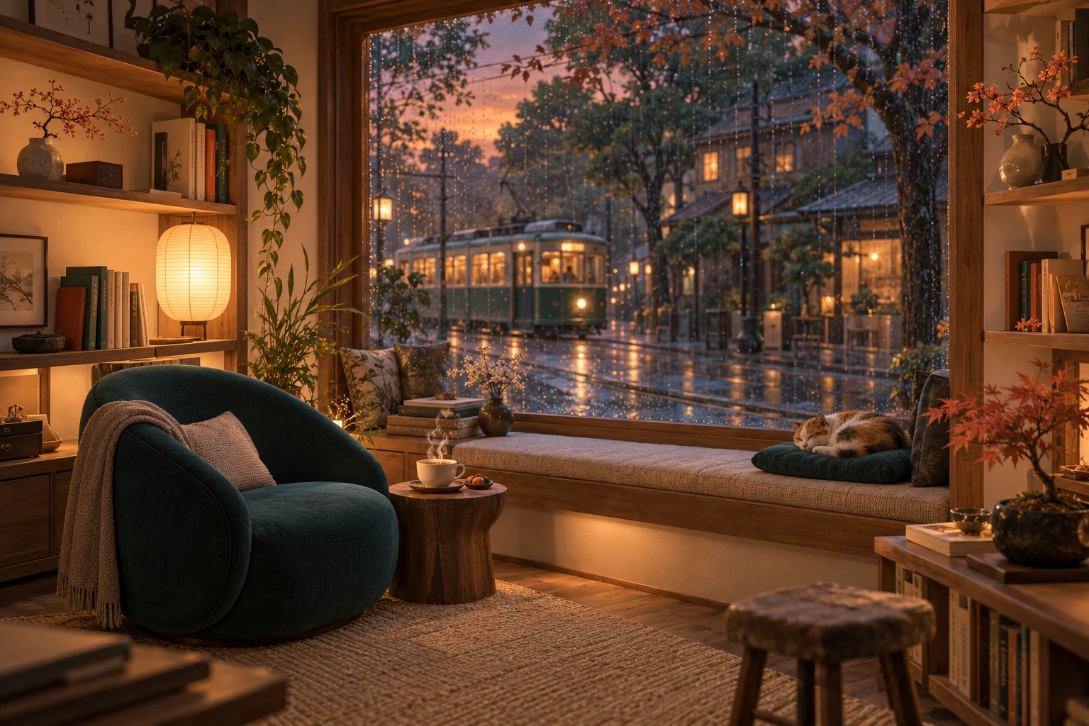 A reading-room scene concept with a rain-speckled window, tram, tea and a sleeping cat.