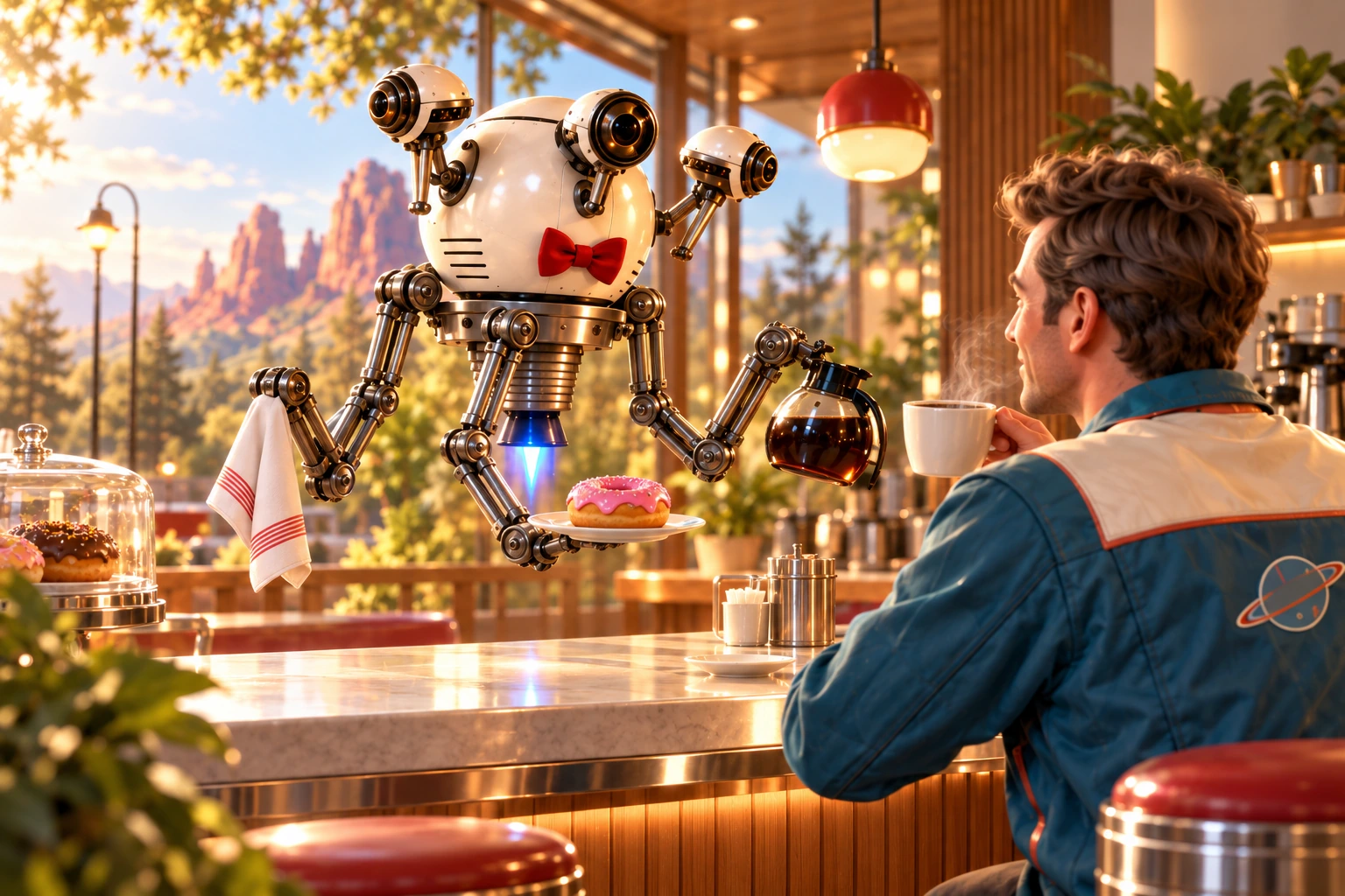 Concept scene of the white bow-tied server offering a doughnut as a customer lifts his coffee.