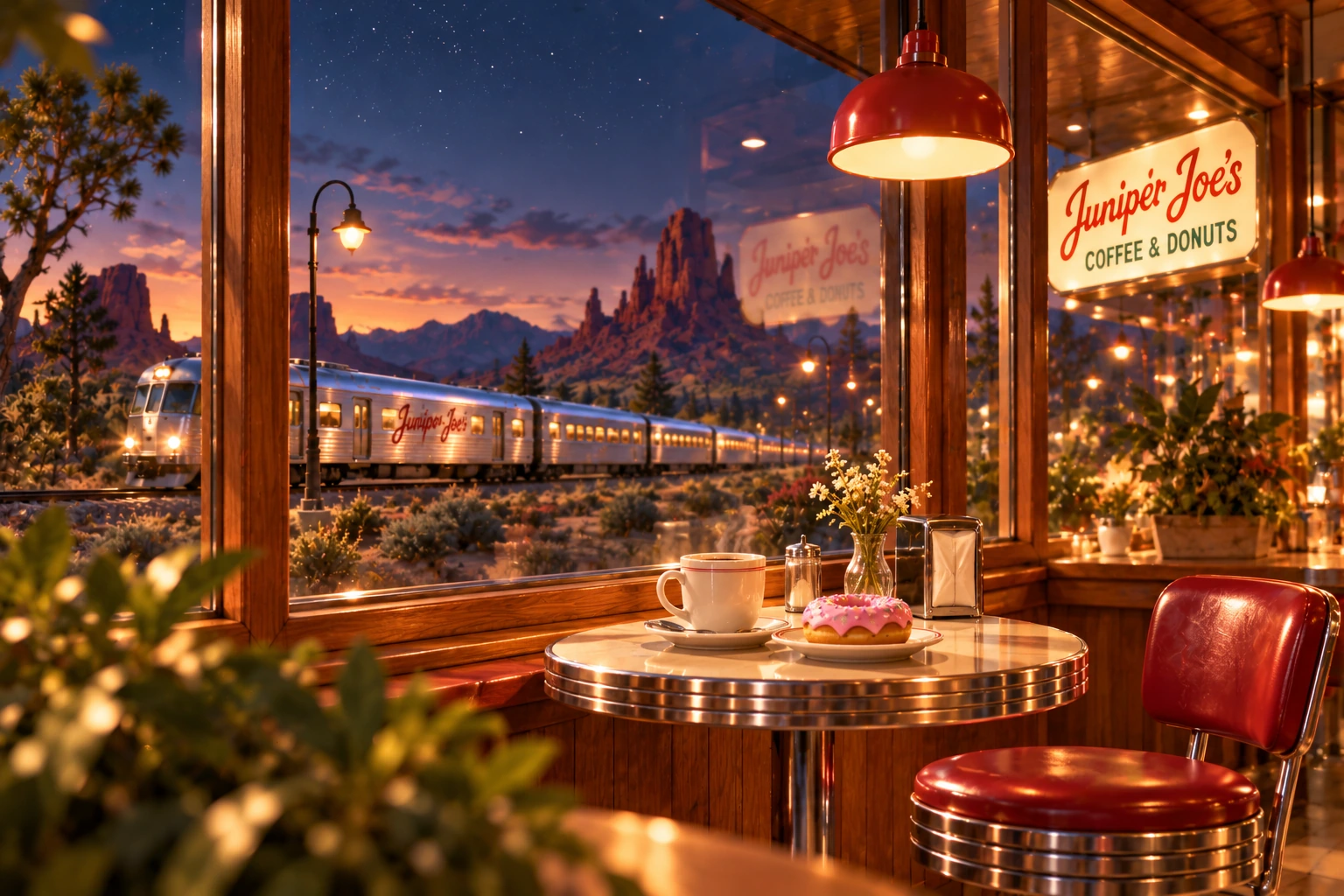 Evening concept scene with a silver train beyond the café window, coffee and a doughnut.