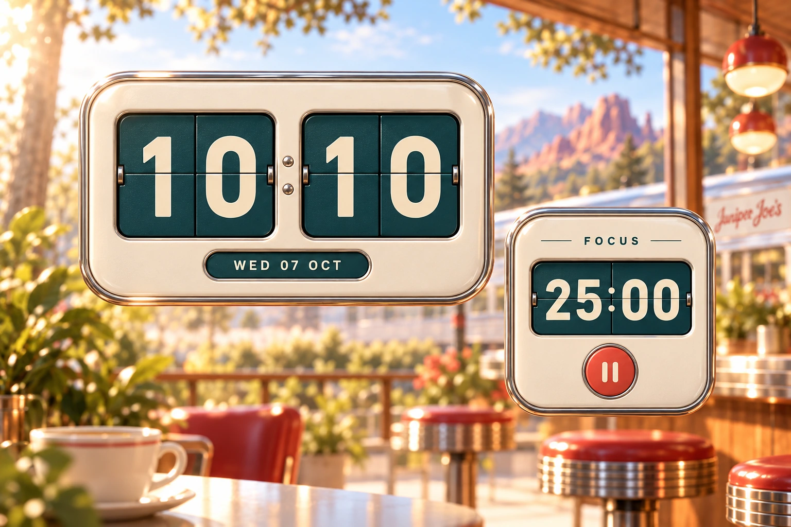 Concept clock and focus-timer modules in ivory and teal, against a softly blurred café.
