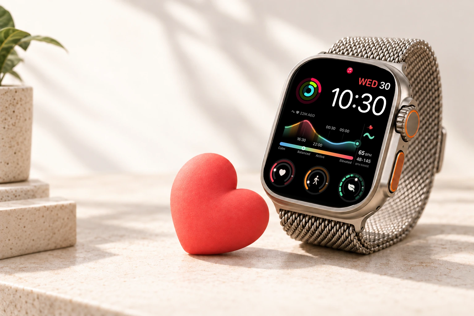 A close view of a silver Apple Watch Ultra with Rolling Heart beside a coral heart.