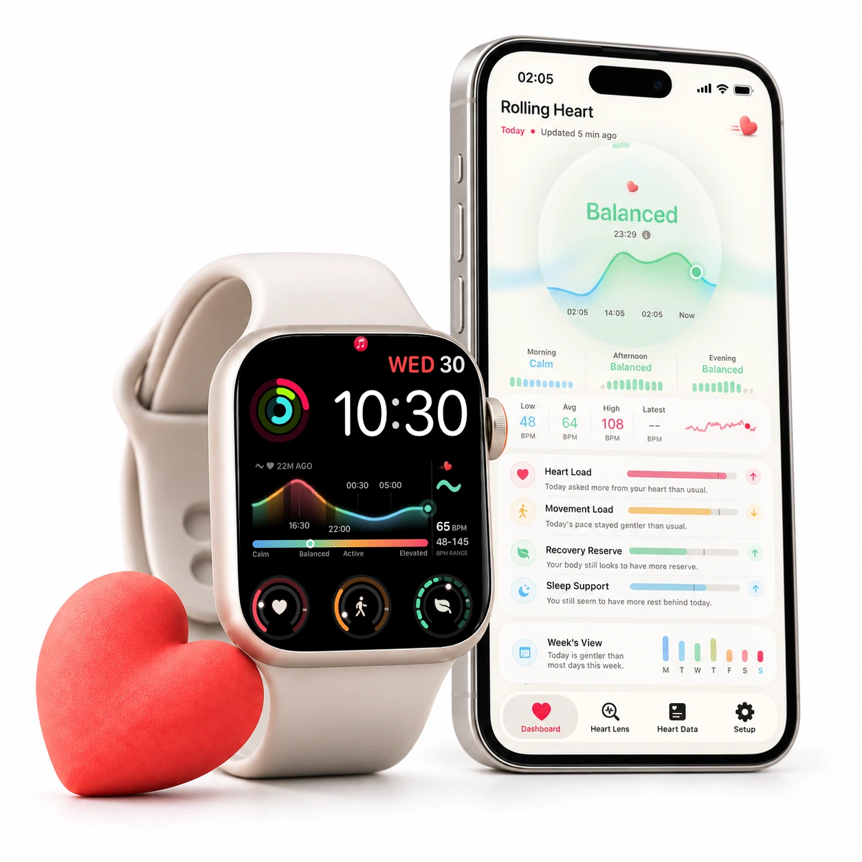 A close view of Rolling Heart on a starlight Apple Watch, with a coral heart and the iPhone dashboard behind it.