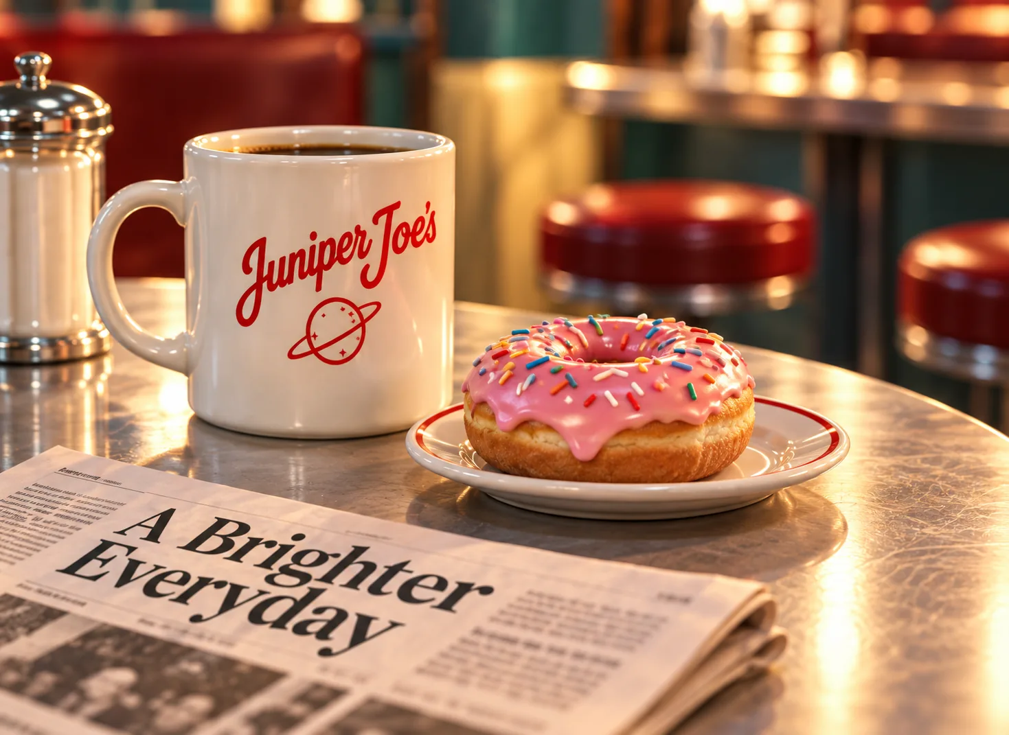 A Juniper Joe’s coffee mug and pink doughnut on a softly lit café counter.