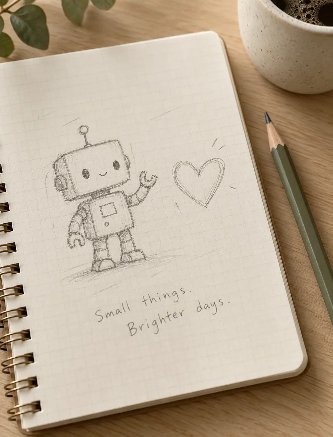 Pencil sketches of a little robot and heart in a notebook beside a ceramic cup.