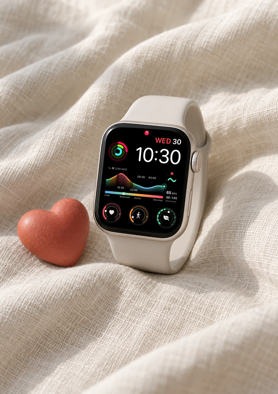 A starlight Apple Watch and coral heart resting on cream linen.